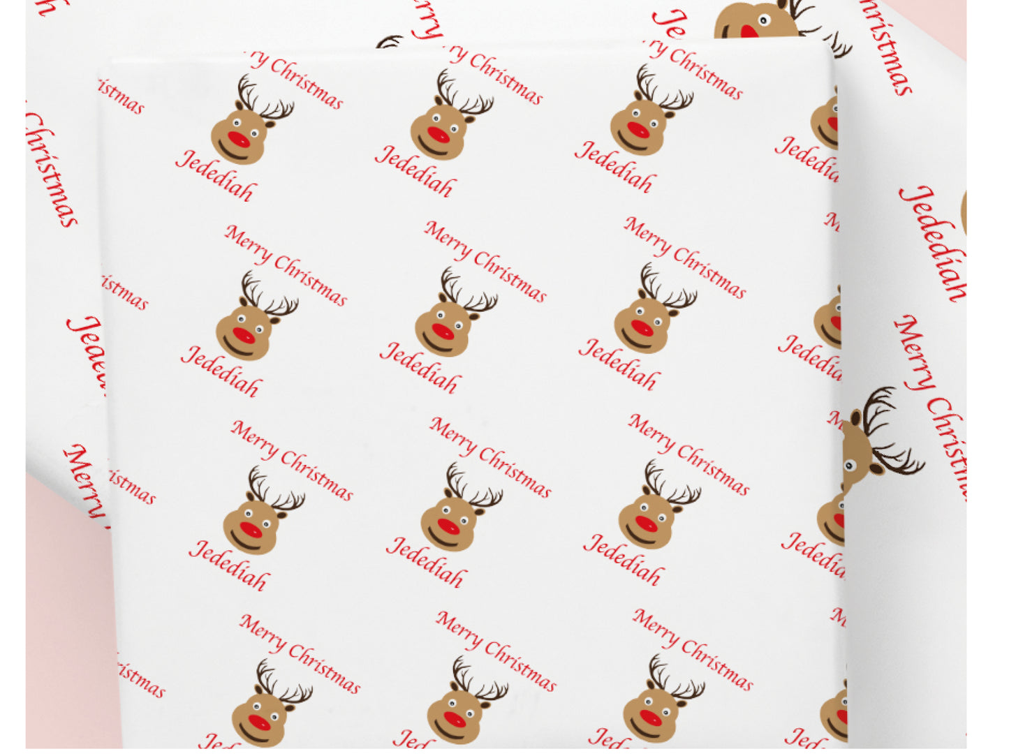 Personalised reindeer Christmas wrapping paper with custom name and Merry Christmas