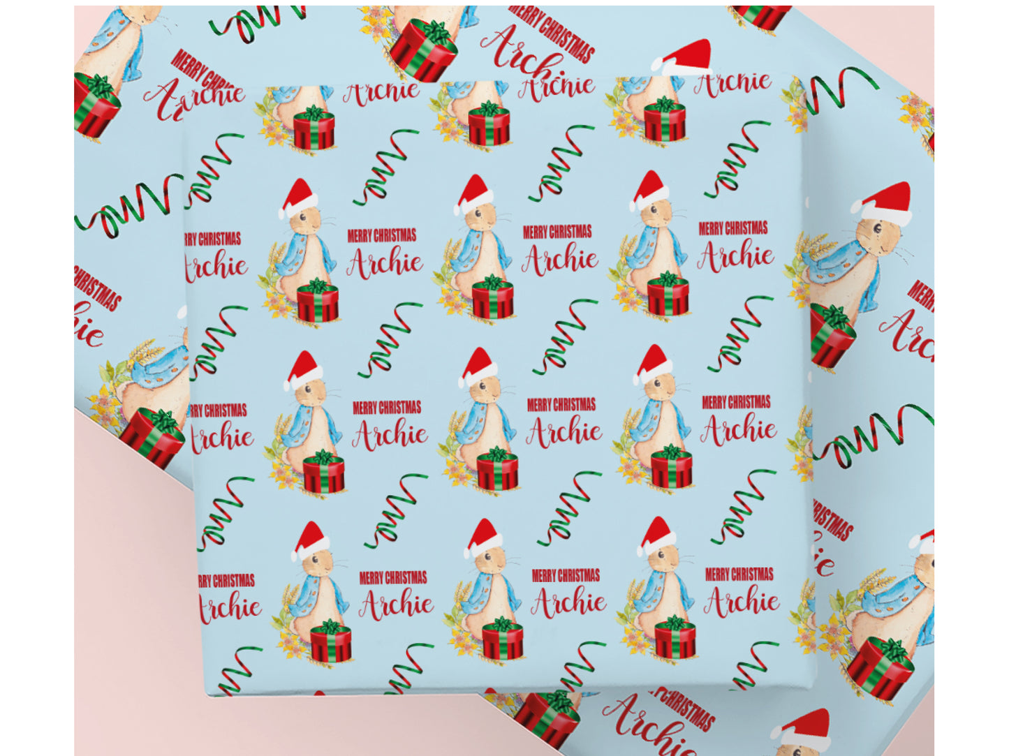 Personalised Blue Santa Rabbit Christmas Wrapping Paper