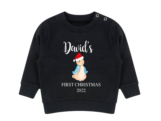 Personalised Peter Rabbit first Christmas jumper in blue with name