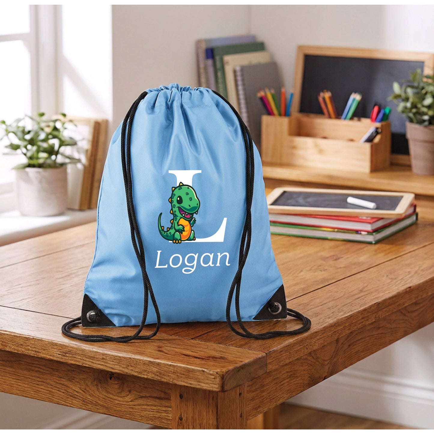 Personalised Dinosaur Drawstring Gym Bag with Name and Initial