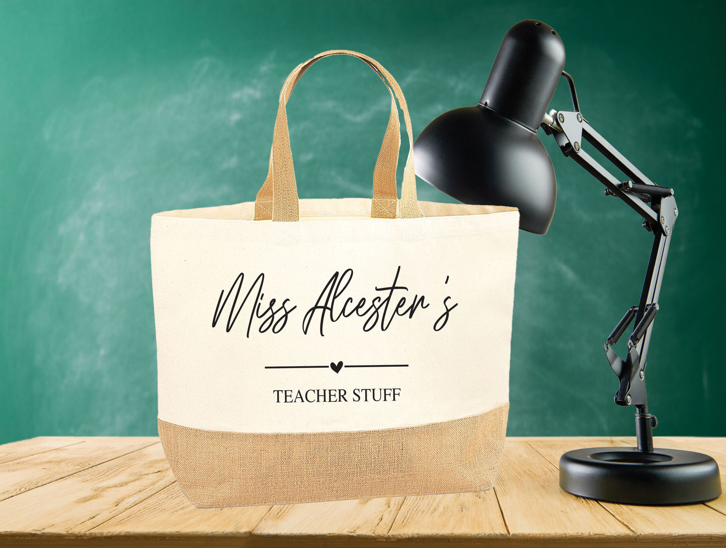 Personalised teacher bag showing customisable text options