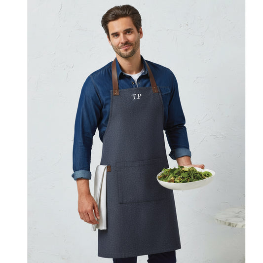 Custom embroidered apron with monogram initials and faux leather accents