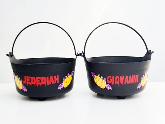 Personalised Halloween cauldron showing name personalisation detail