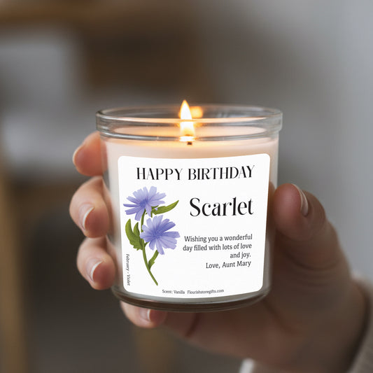 Birth flower candle showing glass container and label design