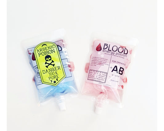Halloween blood bag drink pouch showing blood group label detail