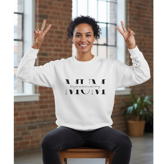 Mum jumper showing kids names printed on sleeves detail