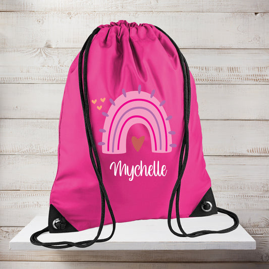 Rainbow drawstring bags in pink, fuchsia and purple colour options