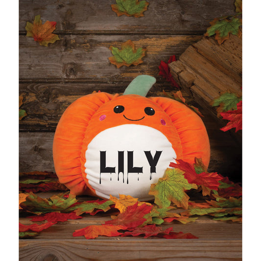 Personalised plush pumpkin Halloween decor with name detail