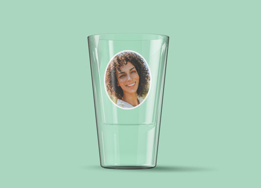 Shot glass showing oval photo crop with white border detail