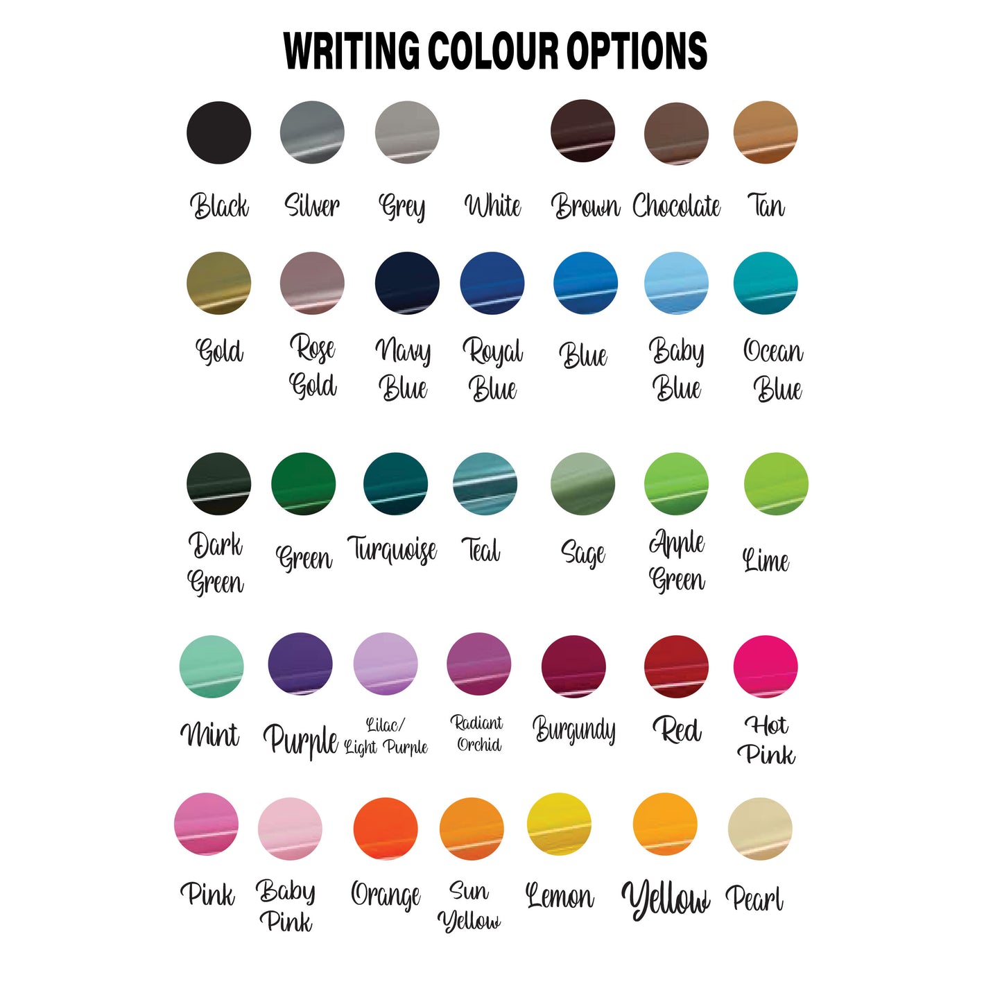 Personalisation text colour options for custom groom boxers showing white, gold, silver, red, green, rose gold and purple