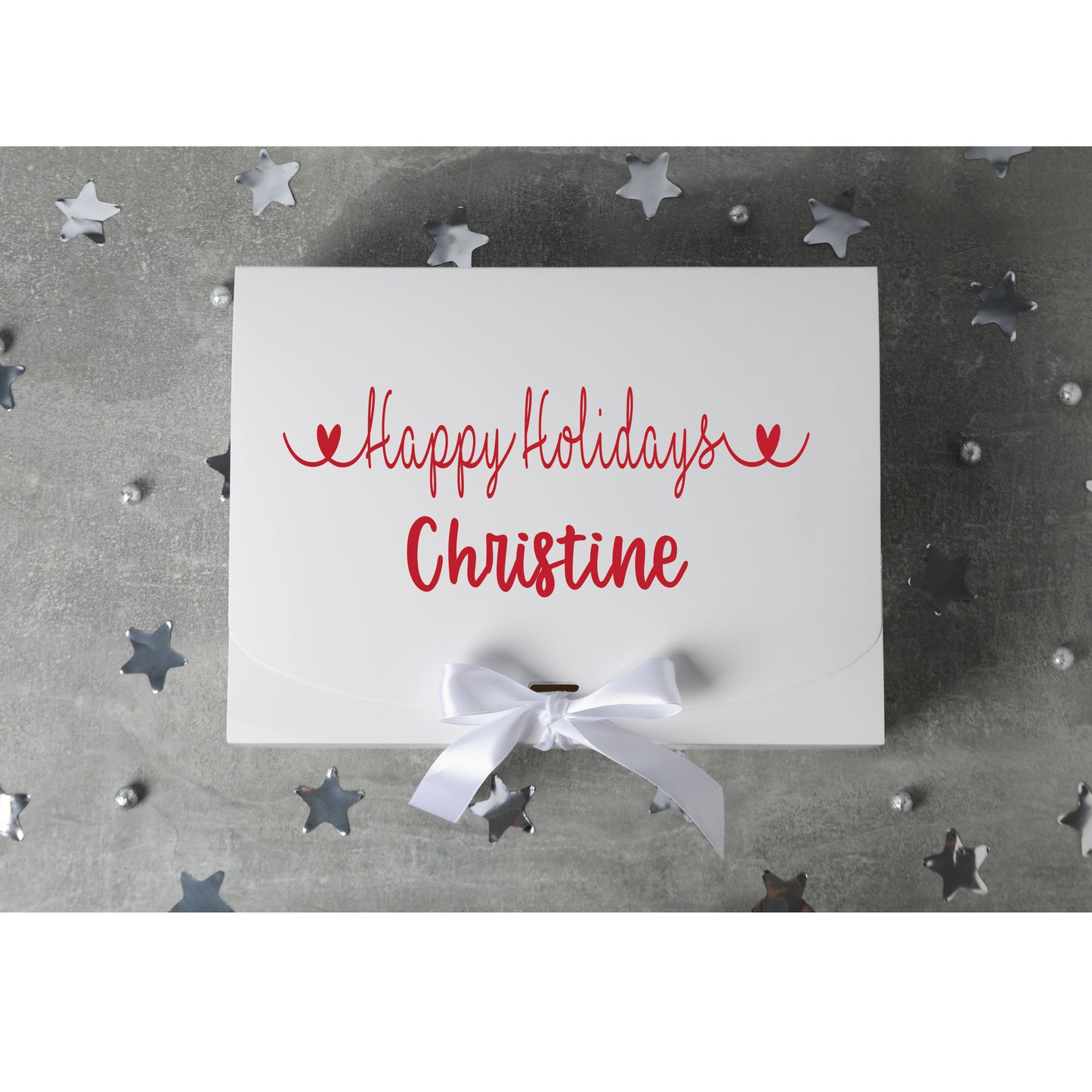 Christmas gift box showing size options and flat-pack design