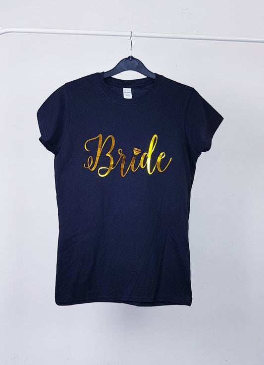 Bride t-shirt showing rose gold foil option on white cotton