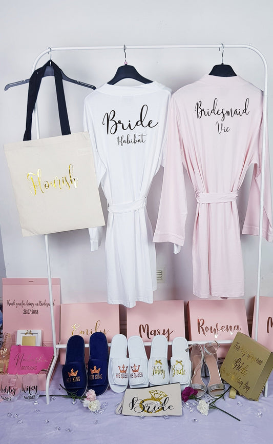 Personalised cotton bridal robes in multiple colours for coordinating bridal party