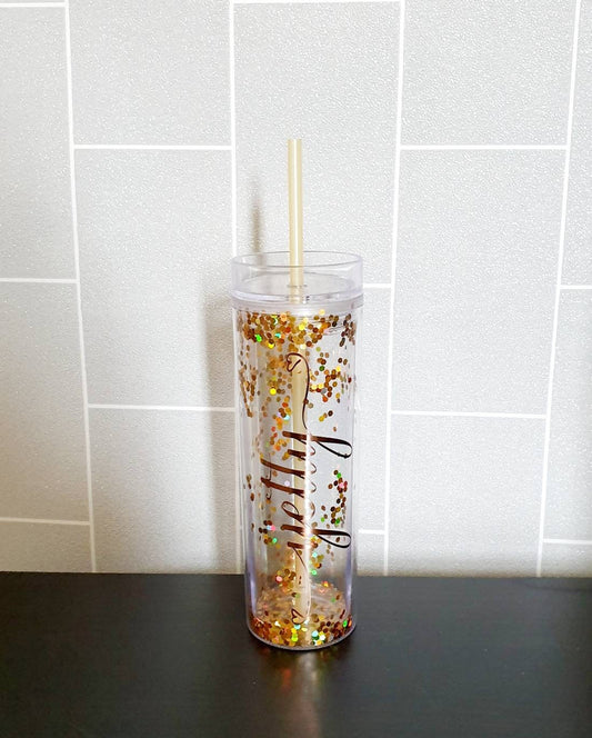 Personalised silver glitter skinny tumbler with straw showing sparkle detail