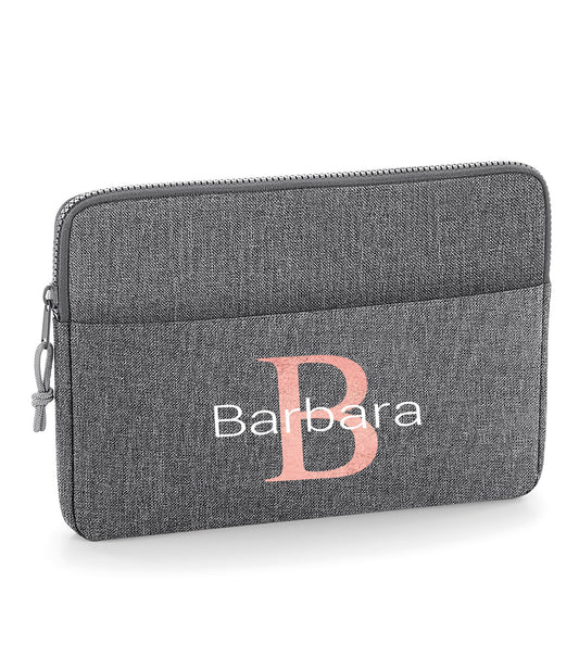 Personalised laptop bag showing padded interior and front slip pocket detail