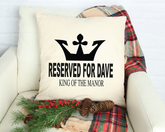 King of the Manor personalised cushion showing partner name personalisation