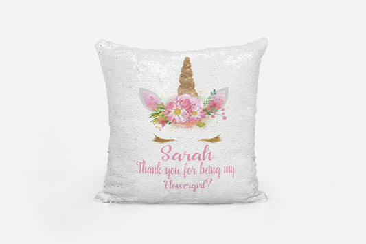 Personalised black unicorn sequin reversible cushion cover with sparkly sequin surface