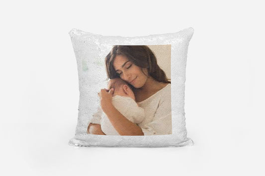 Personalised photo sequin cushion in champagne showing hidden photo design