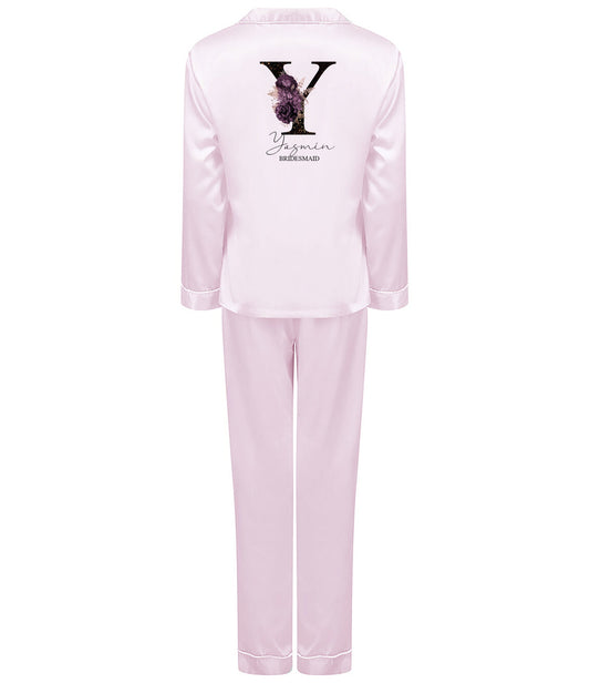 Personalised bridal pyjamas set showing contrast piping detail on collar and button-up shirt