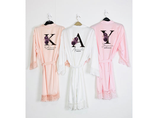 Personalised bridal robes in multiple colours with lace trim for bridal party coordination