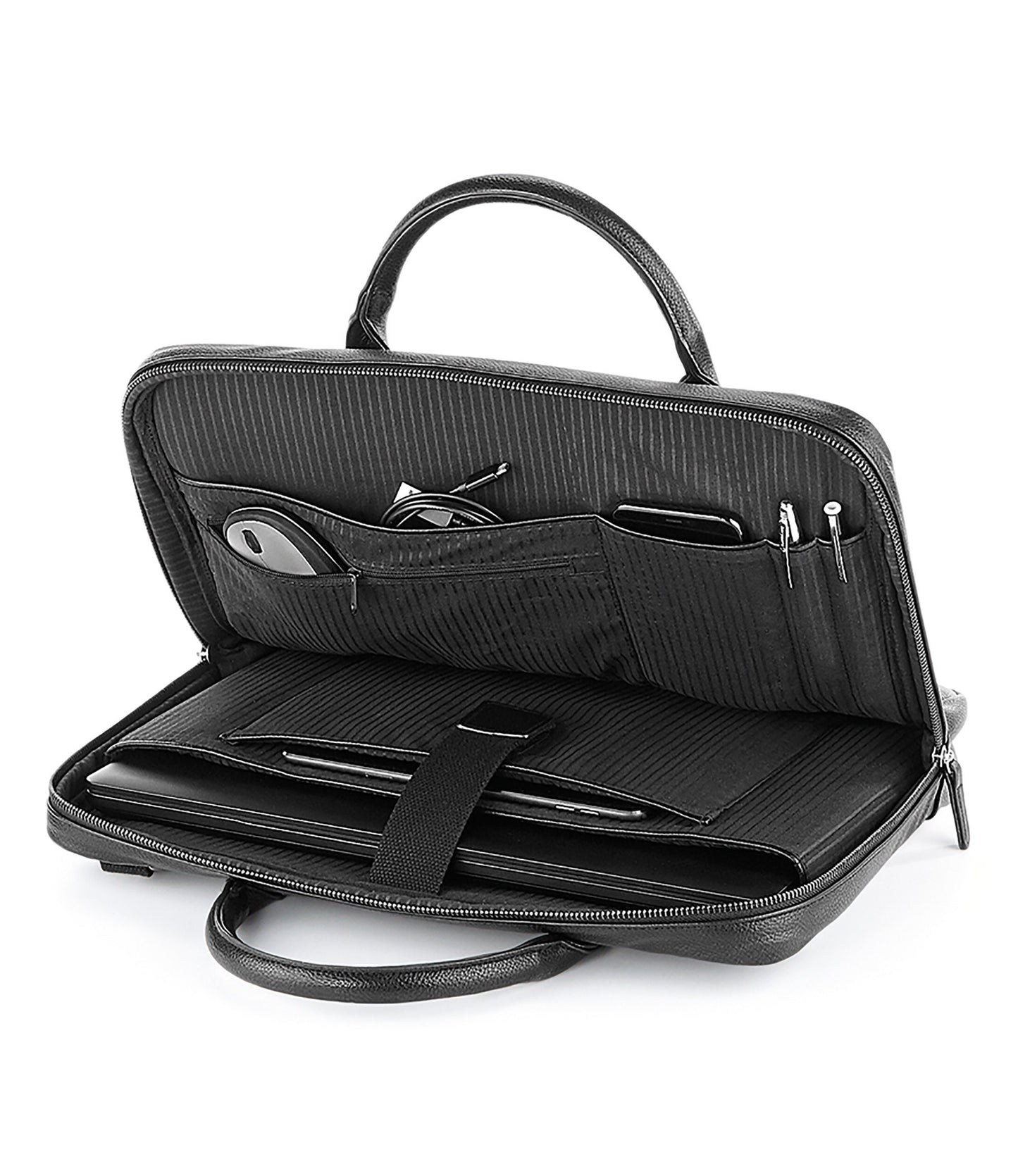 Interior of personalised laptop bag showing padded laptop pocket, tablet compartment and organiser section