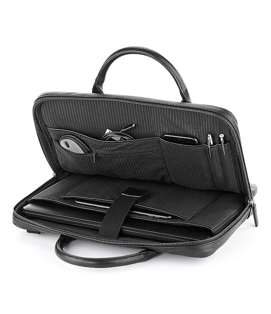 Interior of personalised laptop bag showing padded laptop pocket, tablet compartment and organiser section