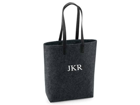Personalised felt beach bags showing range of colour options with monogram design