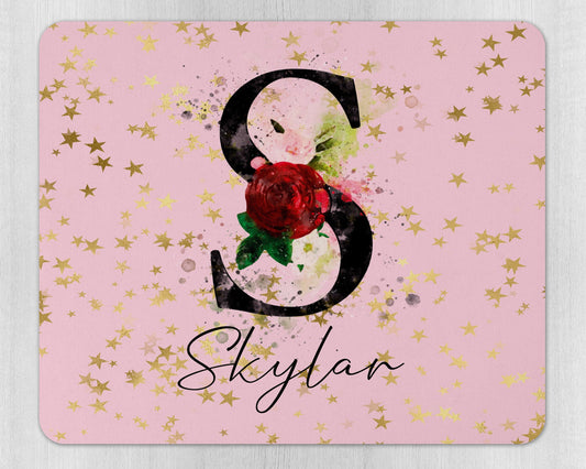 Close-up of personalised name detail on custom designed mouse pad with rubber base