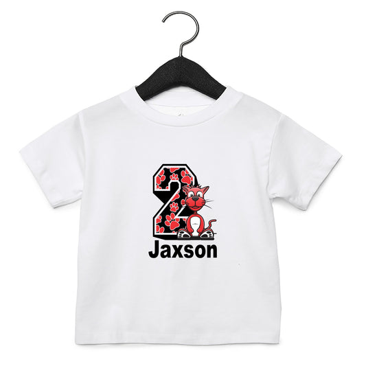 Personalised paw birthday t-shirts showing different age numbers and name personalisation options
