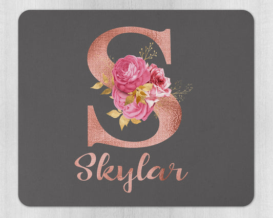 Close-up of personalised rose gold initial and name design on custom mouse pad with rubber base