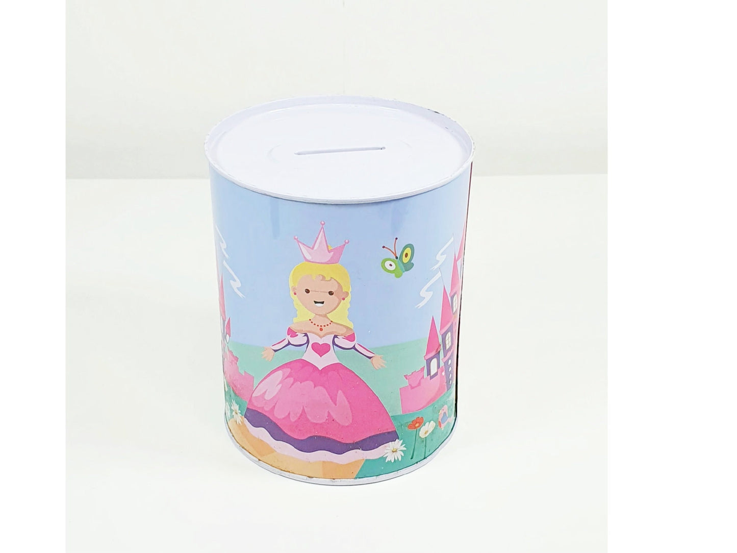 Close-up of personalised name detail on character money box tin with colourful design