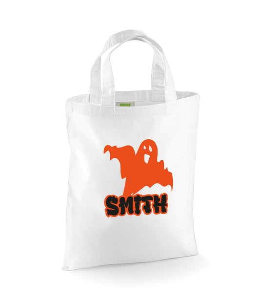 Personalised Halloween trick or treat bags in black and white with colourful ghost options