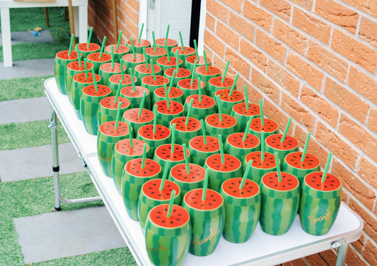 Personalised watermelon cups showing different vinyl colour name options