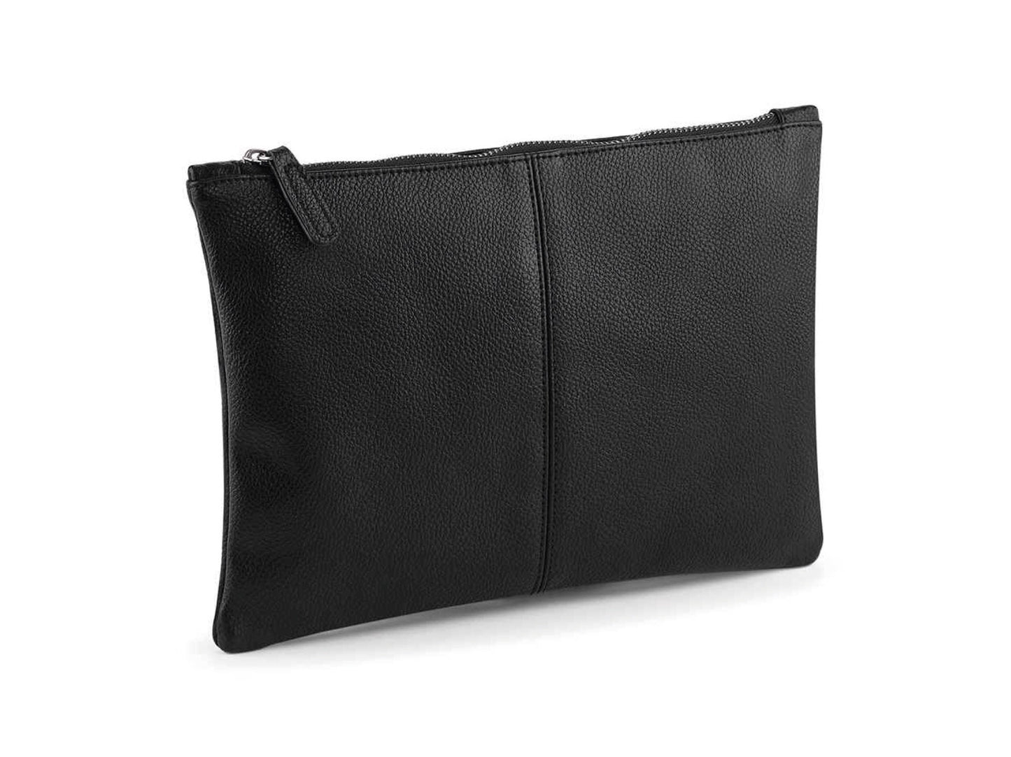 Personalised washbag showing interior and personalisation text detail on leather-look material