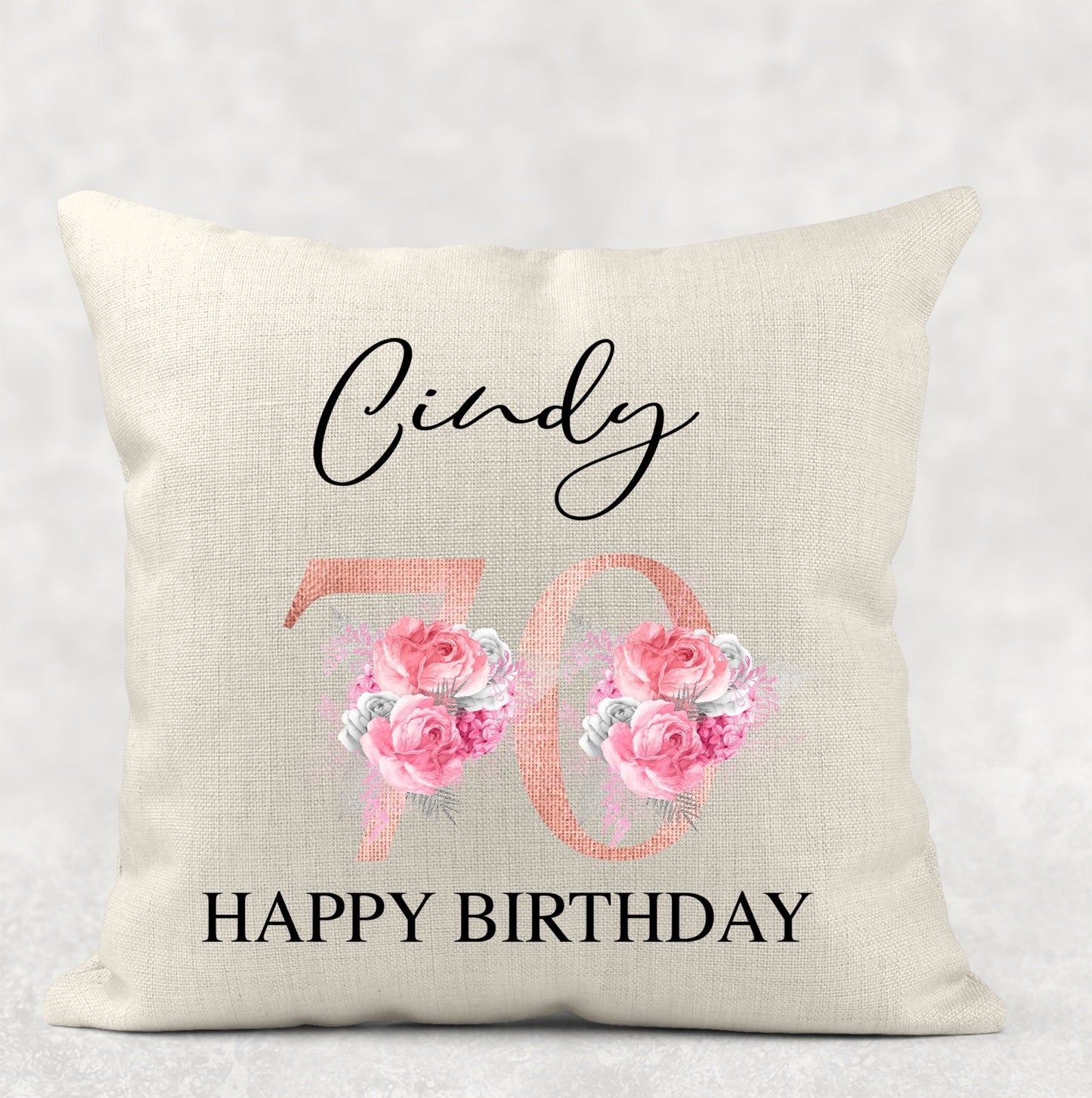 Personalised 70th birthday rose gold floral cushion with custom name, any age available