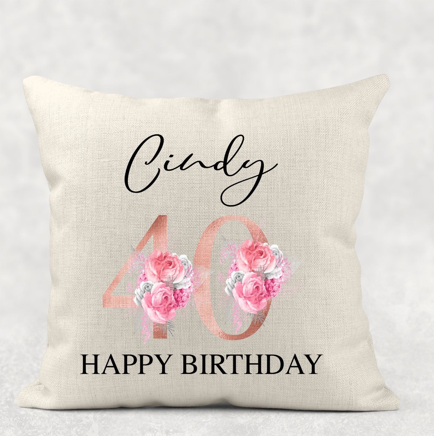 Personalised 40th birthday cushion with rose gold and pink floral design, milestone gift