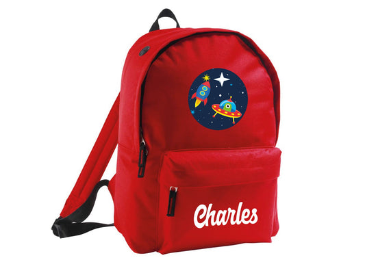 Personalised space backpacks in multiple colours showing galaxy rocket design