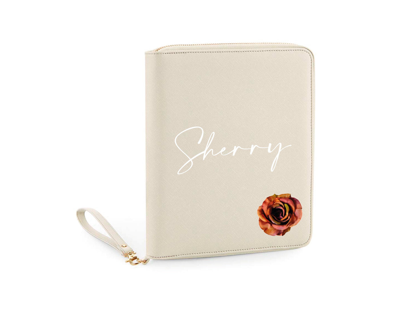 Close-up of custom name personalisation on vegan leather travel organiser