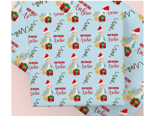 Personalised Blue Santa Rabbit Christmas Wrapping Paper