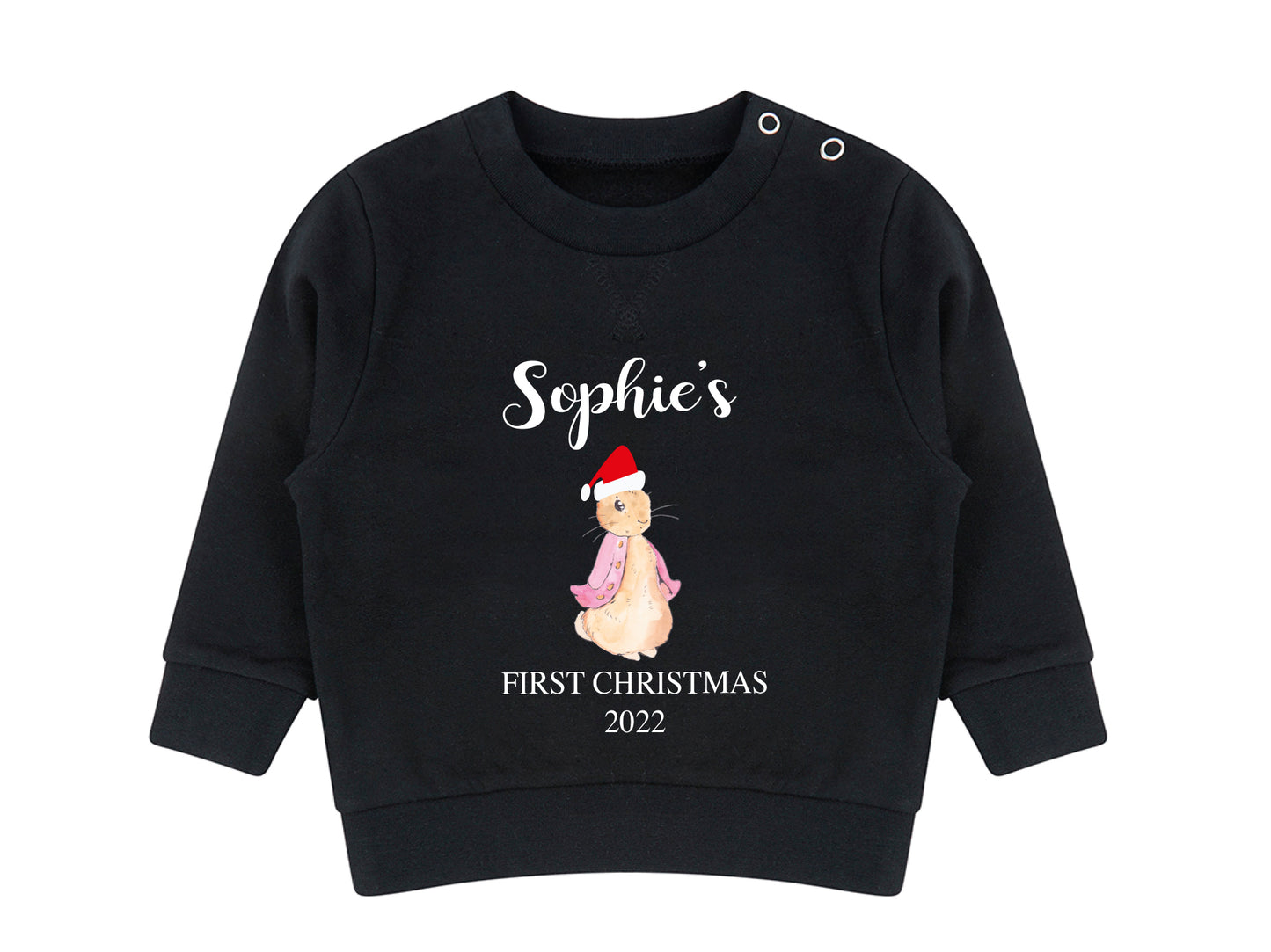 Personalised Peter Rabbit first Christmas jumper in pink with name