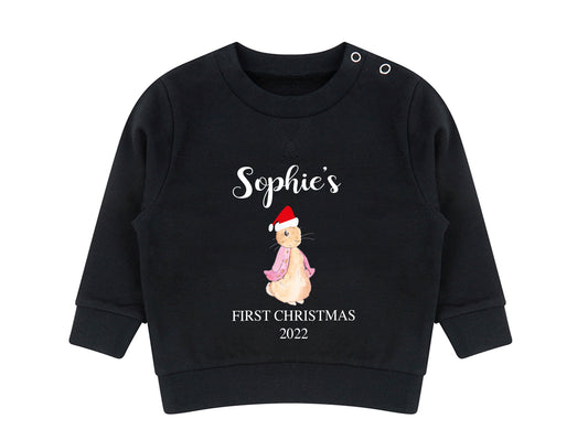 Personalised Peter Rabbit first Christmas jumper in pink with name