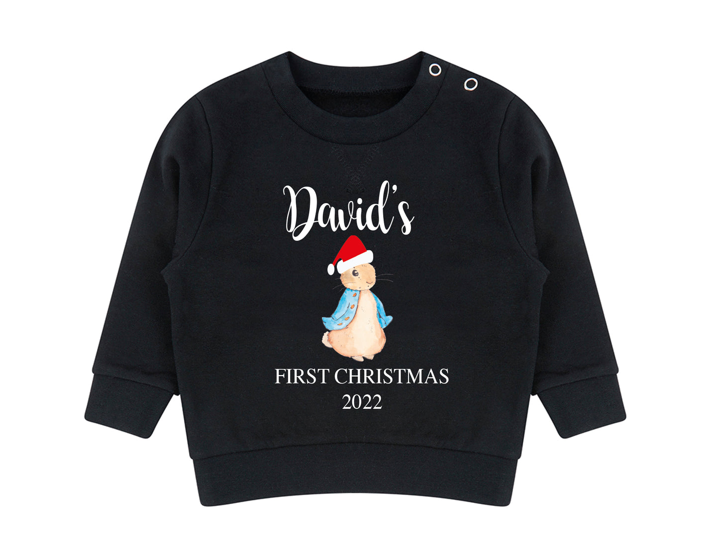 Personalised Peter Rabbit first Christmas jumper in blue with name