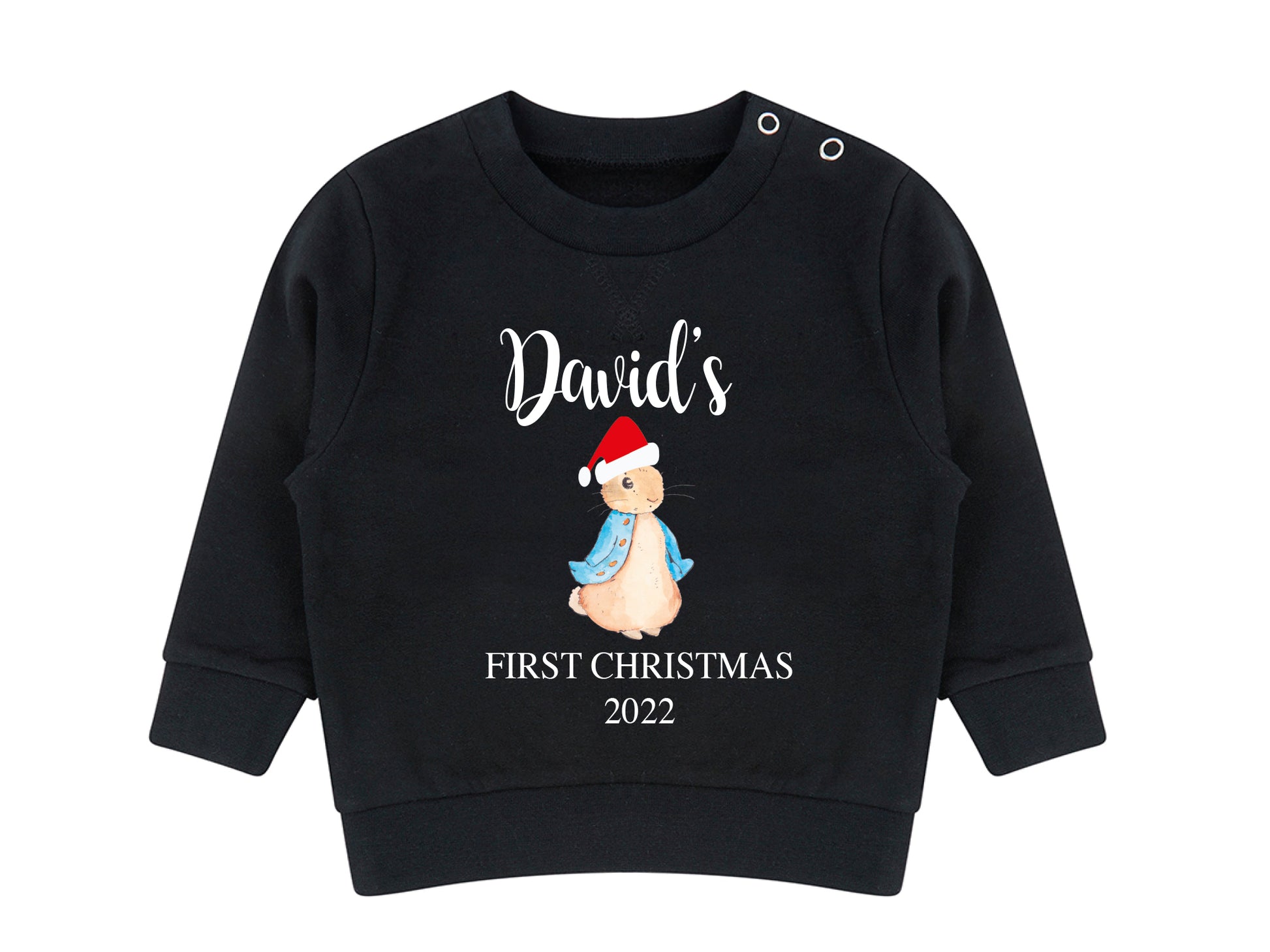 Personalised Peter Rabbit first Christmas jumper in blue with name
