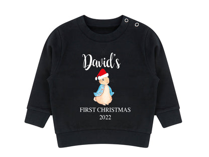 Personalised Peter Rabbit first Christmas jumper in blue with name