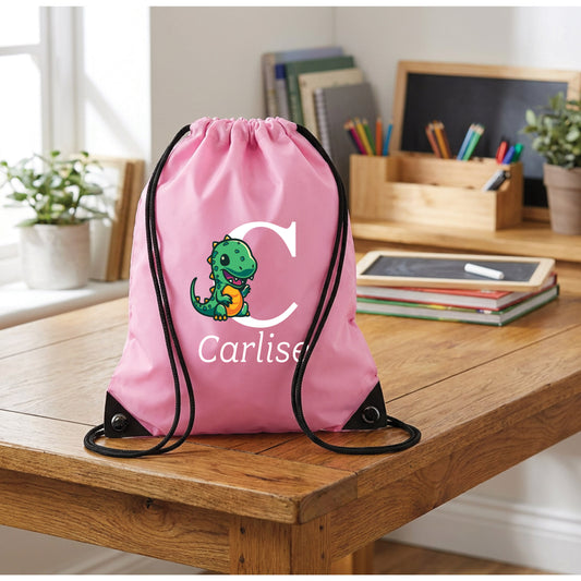 Personalised Dinosaur Drawstring Gym Bag with Name and Initial