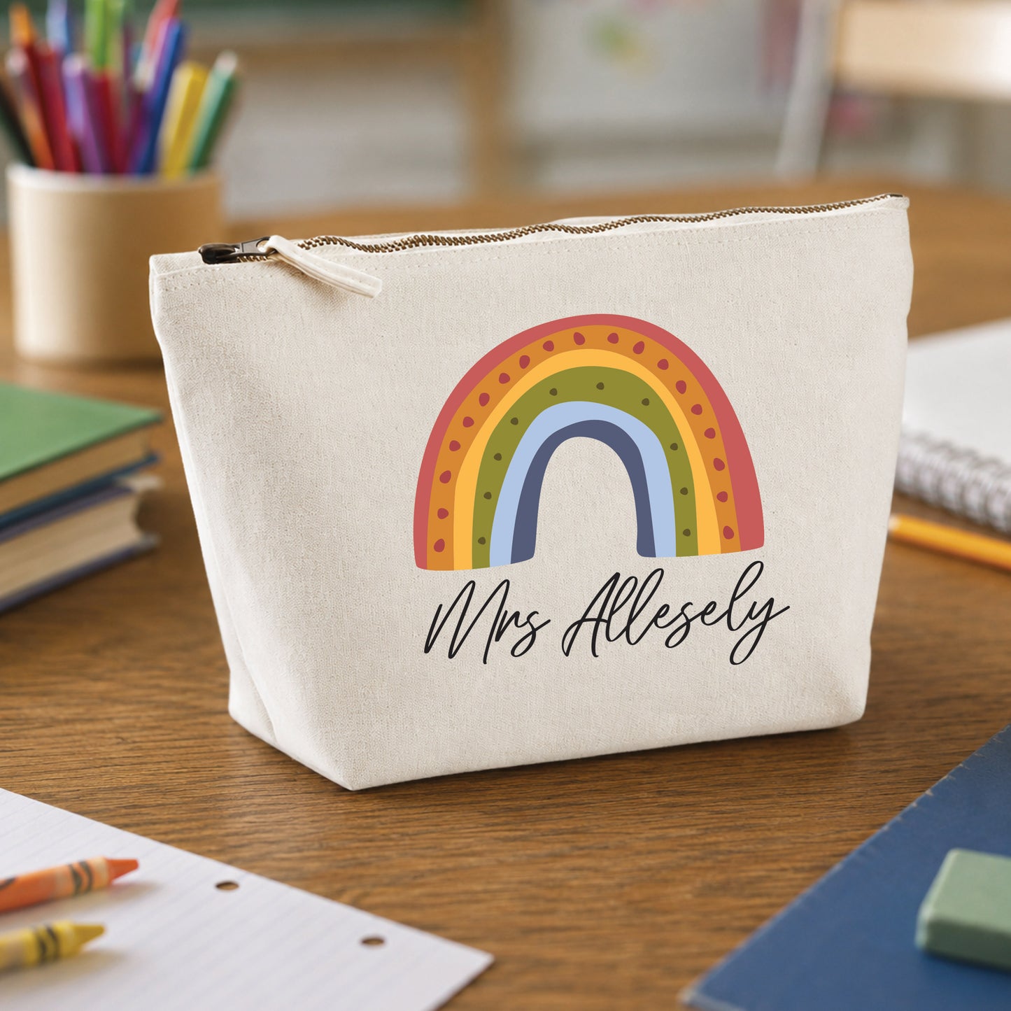 Personalised Canvas pouch with rainbow design with a name customised on it. This is perfect as a Teacher Gift