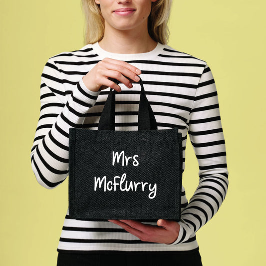 Personalised teacher tote bag in jute with custom name