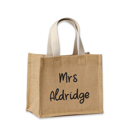 Personalised jute teacher bag showing soft webbing handles