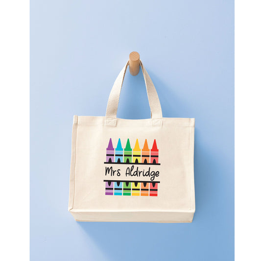 Personalised teacher tote bag in recycled cotton canvas with custom name