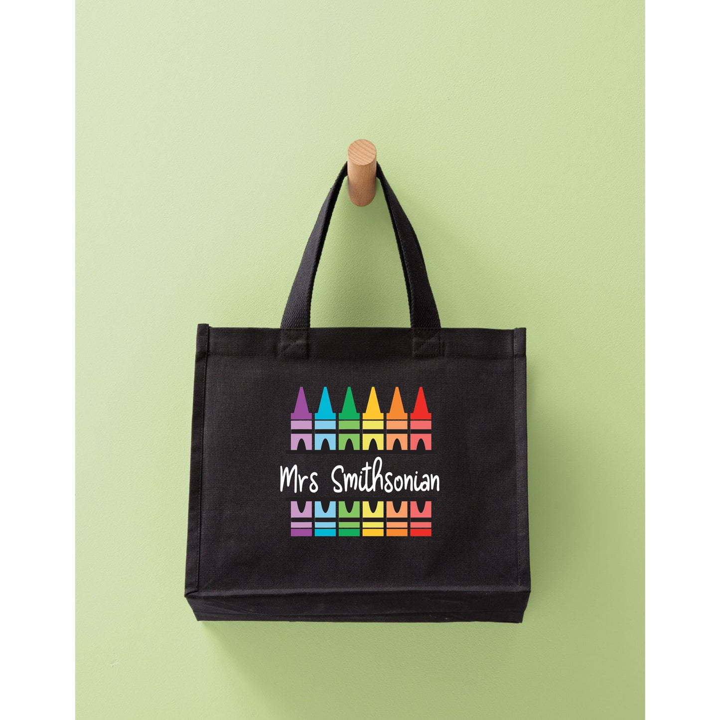 Teacher tote bag showing natural and black colour options in 3 sizes